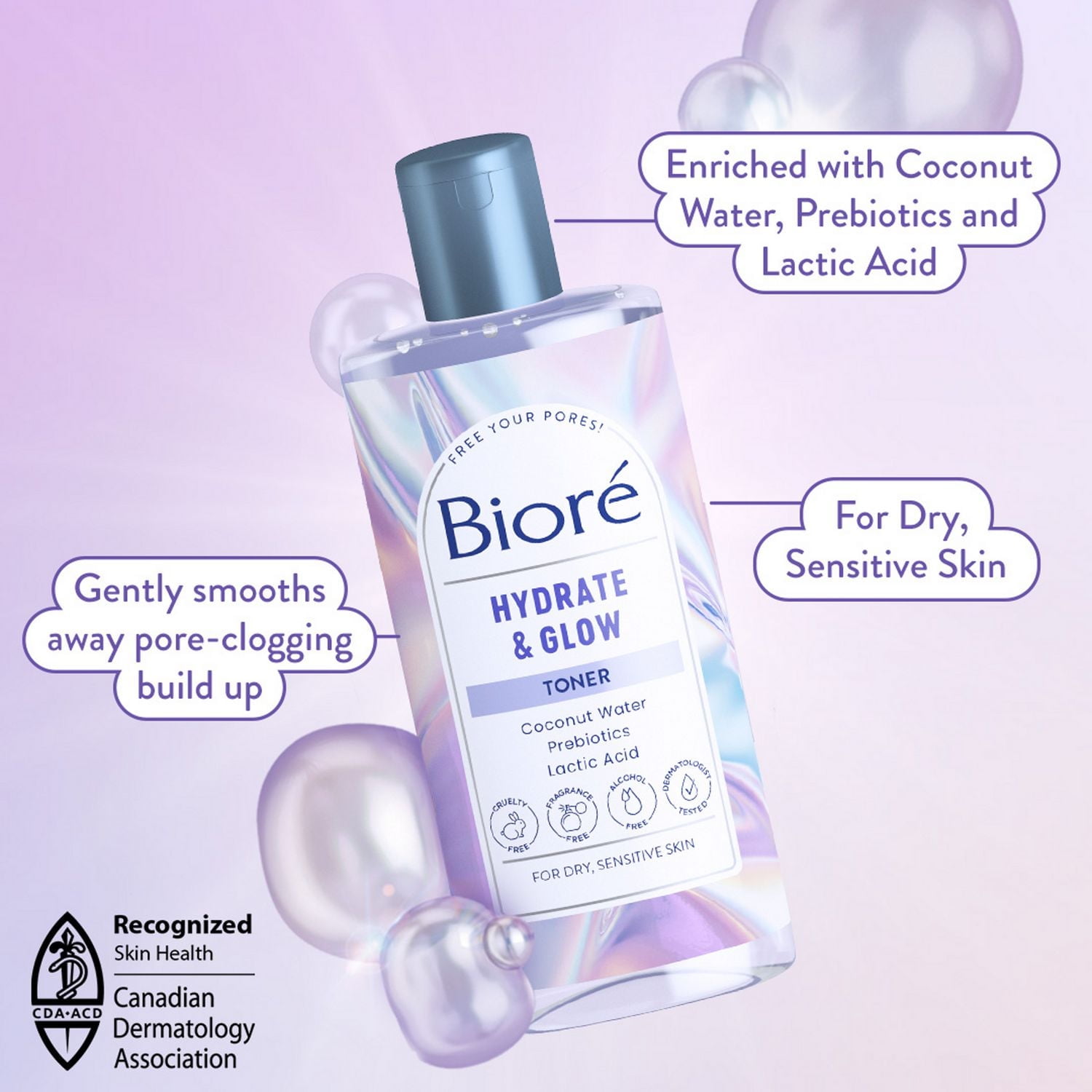 Bioré Hydrate & Glow Toner, with Coconut Water, Prebiotics & Lactic Acid, for Dry, Sensitive Skin, 235 mL