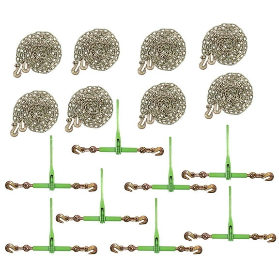 8 Pack 5/16"- 3/8" Heavy Duty Hi-Viz Green Ratchet Chain Binder w/ 5/16" Grab Hook & 1/2" Slip Hook, 5,400 Lbs WLL & 8 Pack 5/16 Inch x 12 FT Grade 70 Binder Chain w/ Clevis Grab Hooks