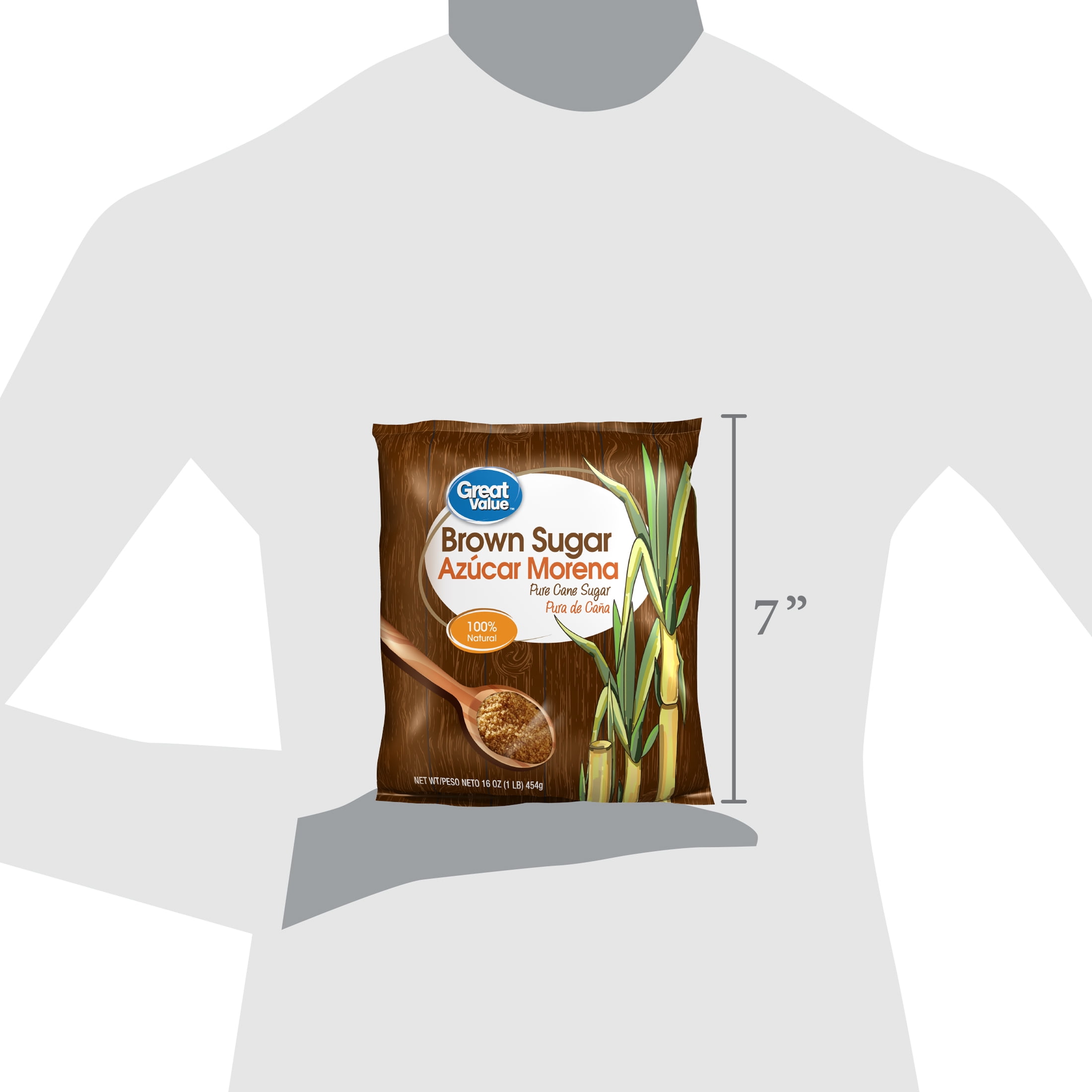 Great Value, Pure Natural Cane Brown Sugar, 16oz (1lb) 454g, Plastic Bag, No Additives and Preservatives