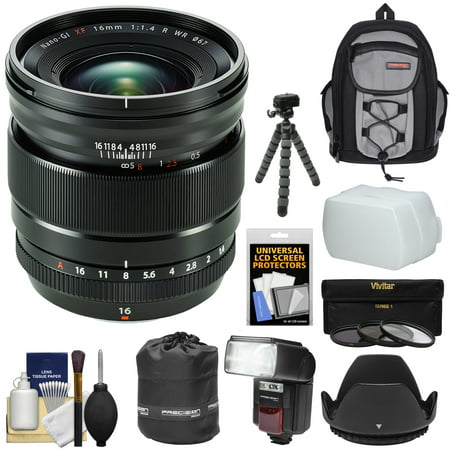 Fujifilm 16mm f/1.4 XF R WR Lens with Backpack + 3 Filters + Flash + Hood + Tripod + Kit for Fuji X-A2, X-E1, X-E2, X-M1, X-T1, X-T10, X-Pro1 (Best Lens For Xt1)