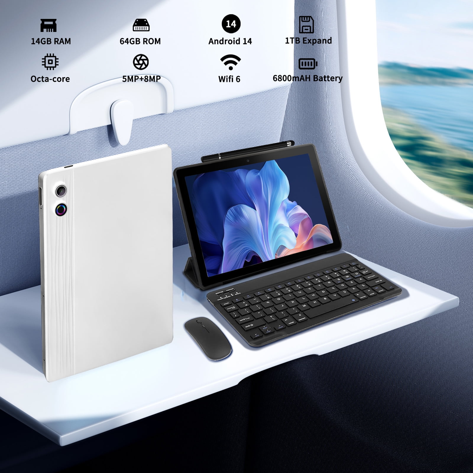 11 inch Tablet Android 14 Octa-Core, 14GB RAM+64GB ROM (TF 1TB), 6800mAh, Widevine L1, WiFi 6, 8 in 1 Tablet with Keyboard, Mouse, Protective Case, Stylus, Headset, Charger- White