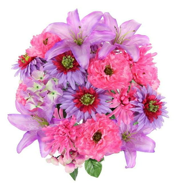24 Stems Faux Full Blooming Ranunculus, Lily, Hydrangea Mixed Flower Bush - Orchid Mix