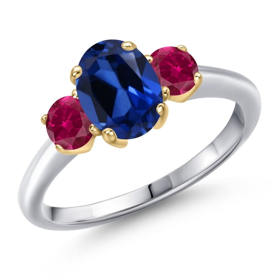 Gem Stone King 10K Two Tone Gold Blue Created Sapphire and Red Created Ruby Engagement Ring for Women | 2.10 Cttw | Oval 8X6MM | Gemstone September Birthstone | Size 6