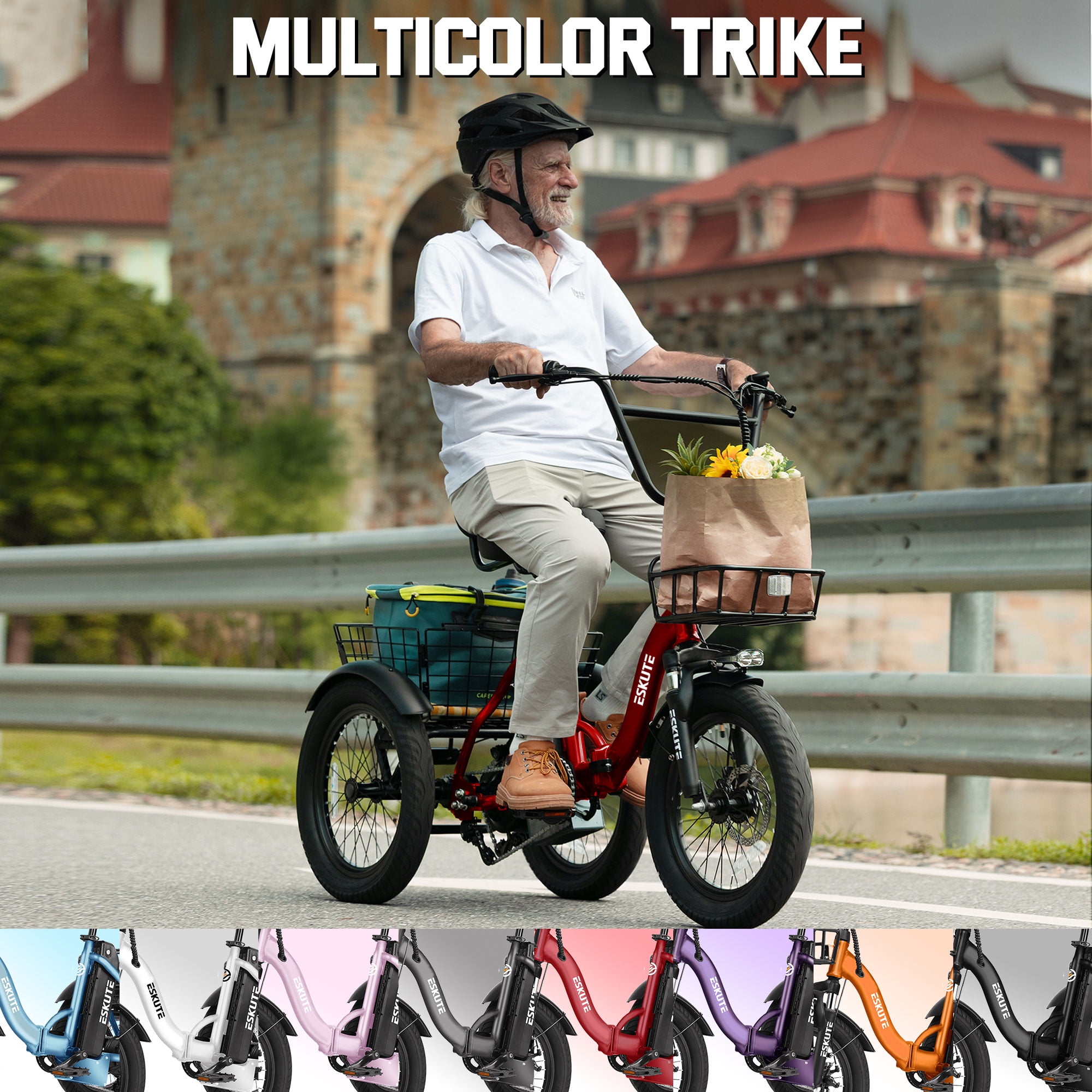 ESKUTE Red E Trike Electric Bike, Peak 1200W Brushless Motor Folding Trike 18X3.0 Fat Tire Ebike, 499Wh Removable Battery, Step-Thru 3 Wheel Electric Bicycle, 48V 13AH 18MPH+ Tricycle for Adults