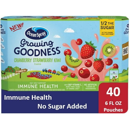 Beverage Pouch - (40 Pouches) Ocean Spray GROWING GOODNESS™ Juice Beverage, Cranberry Strawberry Kiwi, Immune Health, 6 fl oz