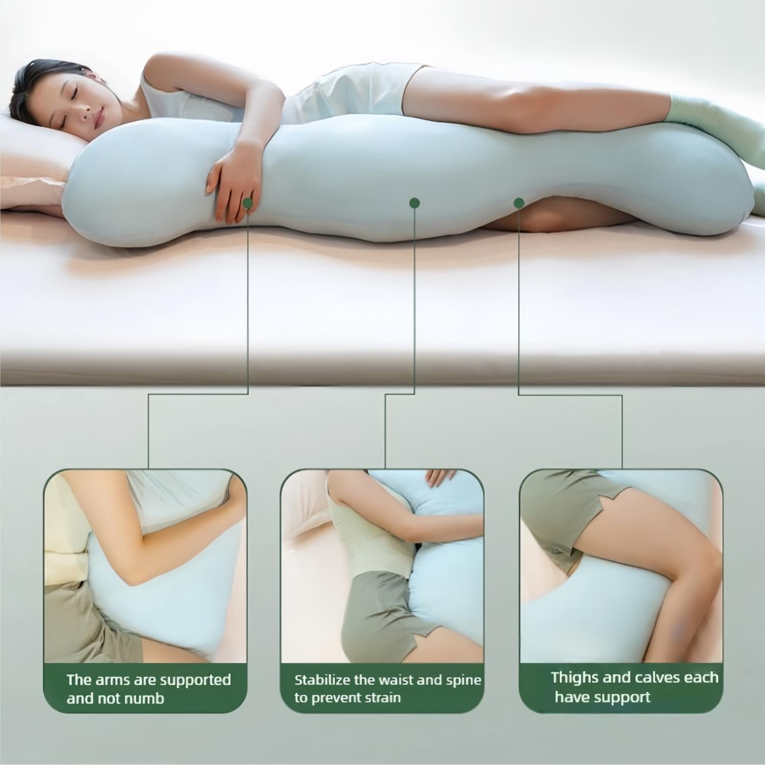 Pea Pod Body Pillow for Side Sleeper, Double Curve Design for Hip & Leg Support, Long Bolster Hug Pillow with Cooling Fabric, Mother's Day Gift