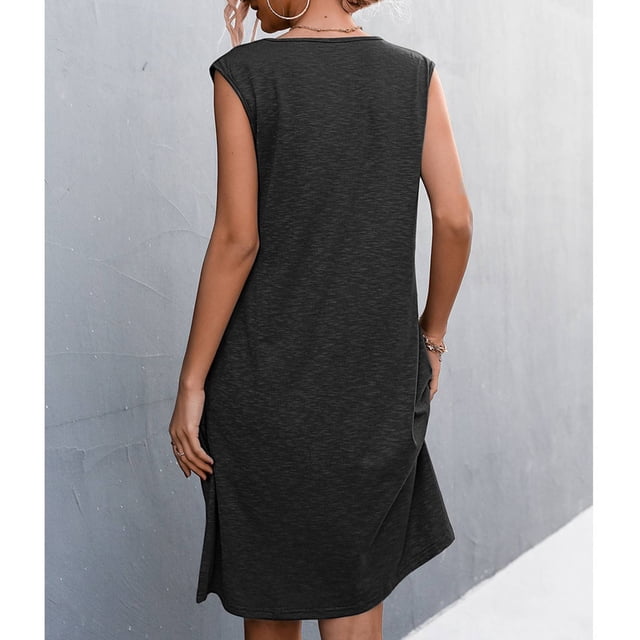 Vestido sin mangas Crtynell con cuello en V ribete de volantes poliéster Suelto corto para mujer