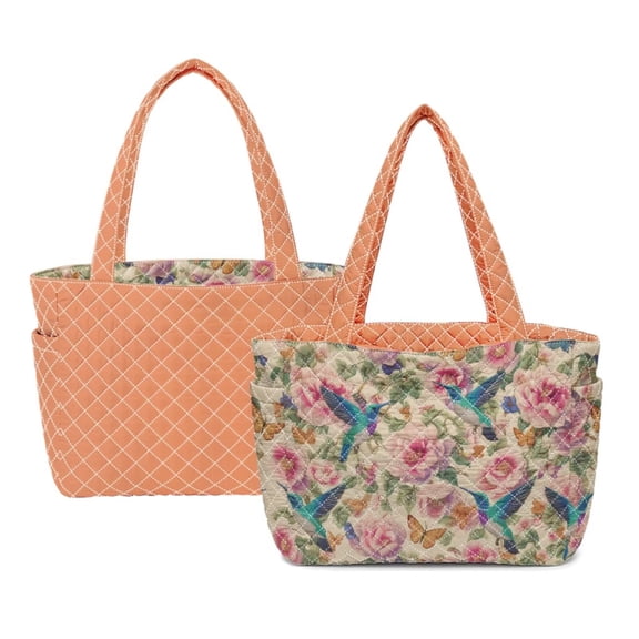 ZUXONGSY Hummingbird Peony Print Reversible Quilted Shoulder Bag – Women's 2-in-1 Handbag, Large Tote for 15" Laptop, Water Bottle, Lightweight for Daily, Orange