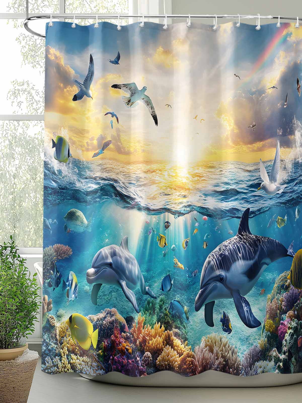 Tropical Coastal Shower Curtain, Ocean Animal Dolphin Fish Bird Bathroom Decor Curtains Set with Hooks, Blue Waterproof Fabric Home Accessories， 72 X 78 Inch Long
