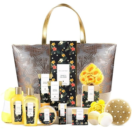 Bath Gift Sets for Women - 15 Pcs Tahiti Island Spa Baskets Beauty Bath and Body Birthday Valentines Day Gifts for Her