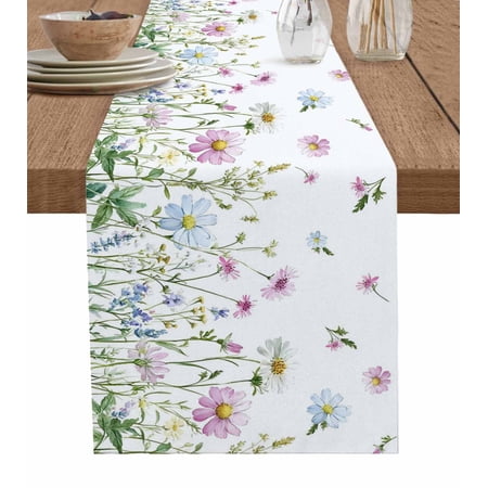 Botanical Table Runner Blue Pink Daisy Floral Watercolor White Tablerunners 16 x 72 Inch Table Decorations Tabletop Scarf for Summer Gathering Holiday Farmhouse Kitchen Dining Decor