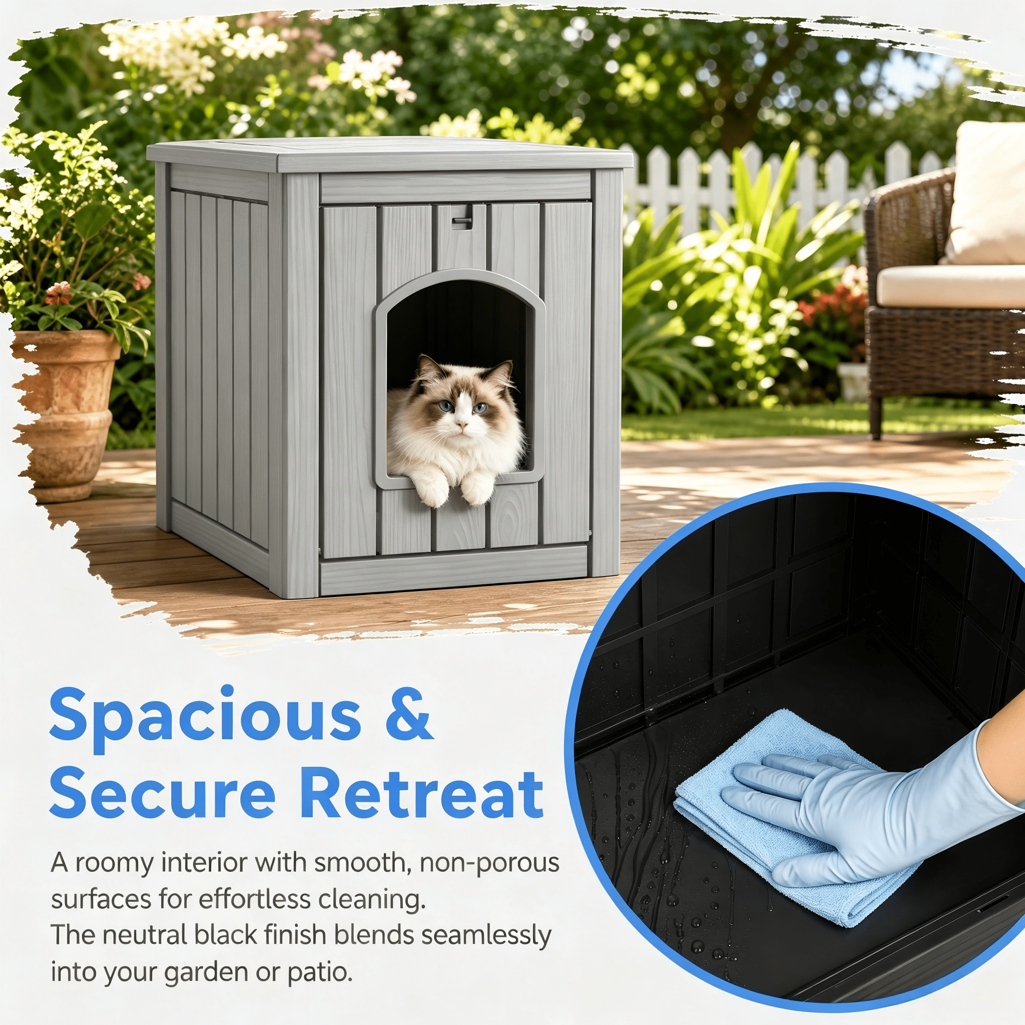 ENNSOO Outdoor Cat House Weatherproof Resin Cat Shelter for Indoor & Outdoor, Durable All-Season Pet House for Feral, Stray & Domestic Cats, Gray