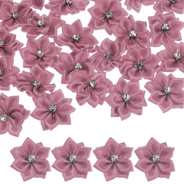 Uxcell 100-Pack Flores de Cinta de Satén, Flores de Tela Mini de 1.2 Pulgadas con Strass para Manualidades y Proyectos de Bricolaje Rosa Pasta de Frijol