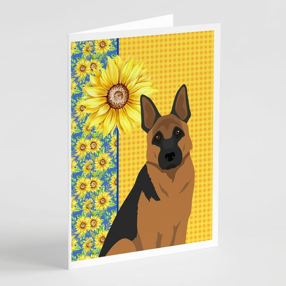 Summer Sunflowers Black and Tan German Shepherd Greeting Cards and Envelopes Pack of 8 7 in x 5 in