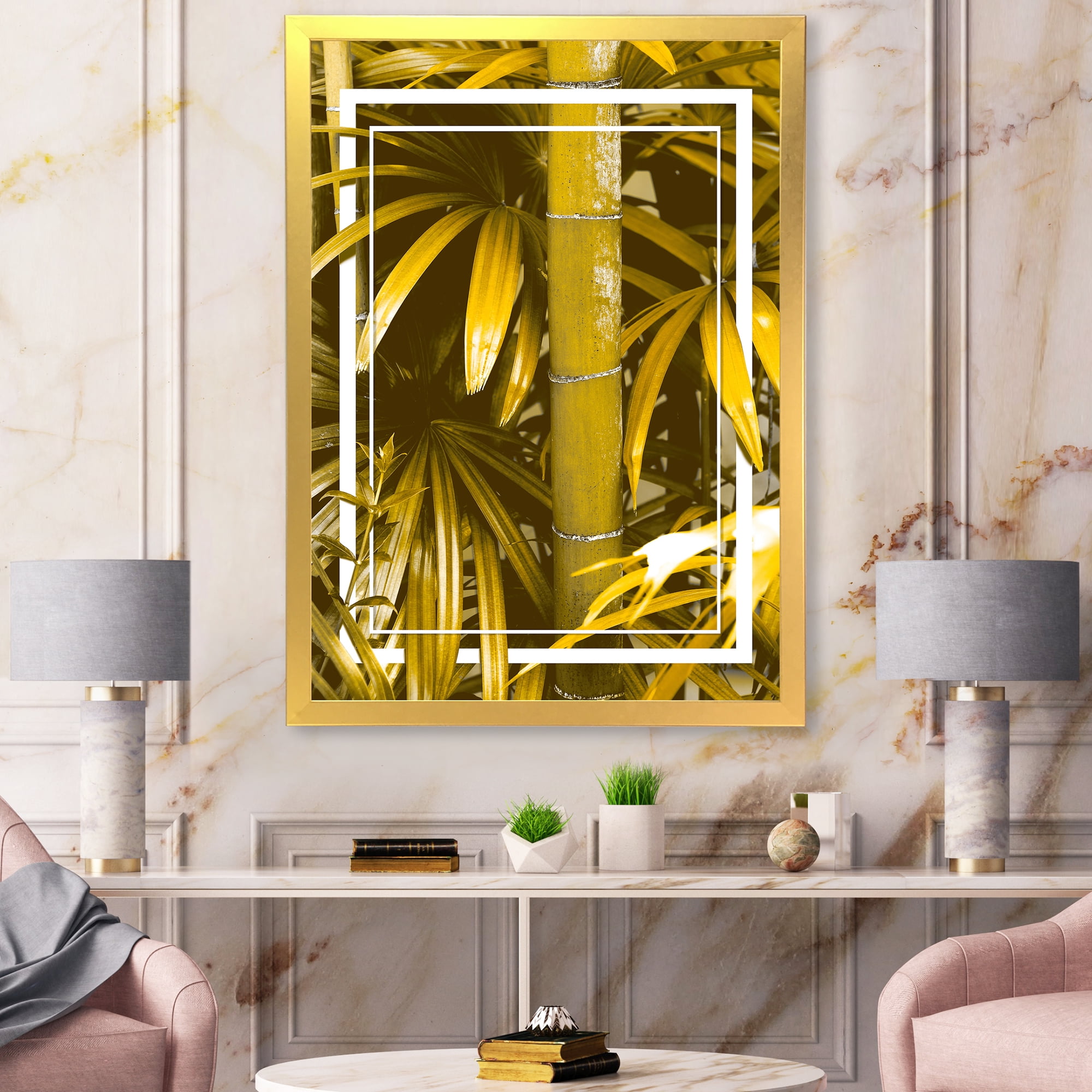 Designart 'Tropical Leaves and Yellow Bamboo' Tropical Framed Art Print