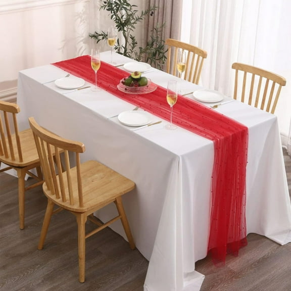 QUTETN Pearl Semi-Sheer Gauze Wedding Table Runner Table Setting Dining Vintage Party Christmas Banquets Arches Cake Decor