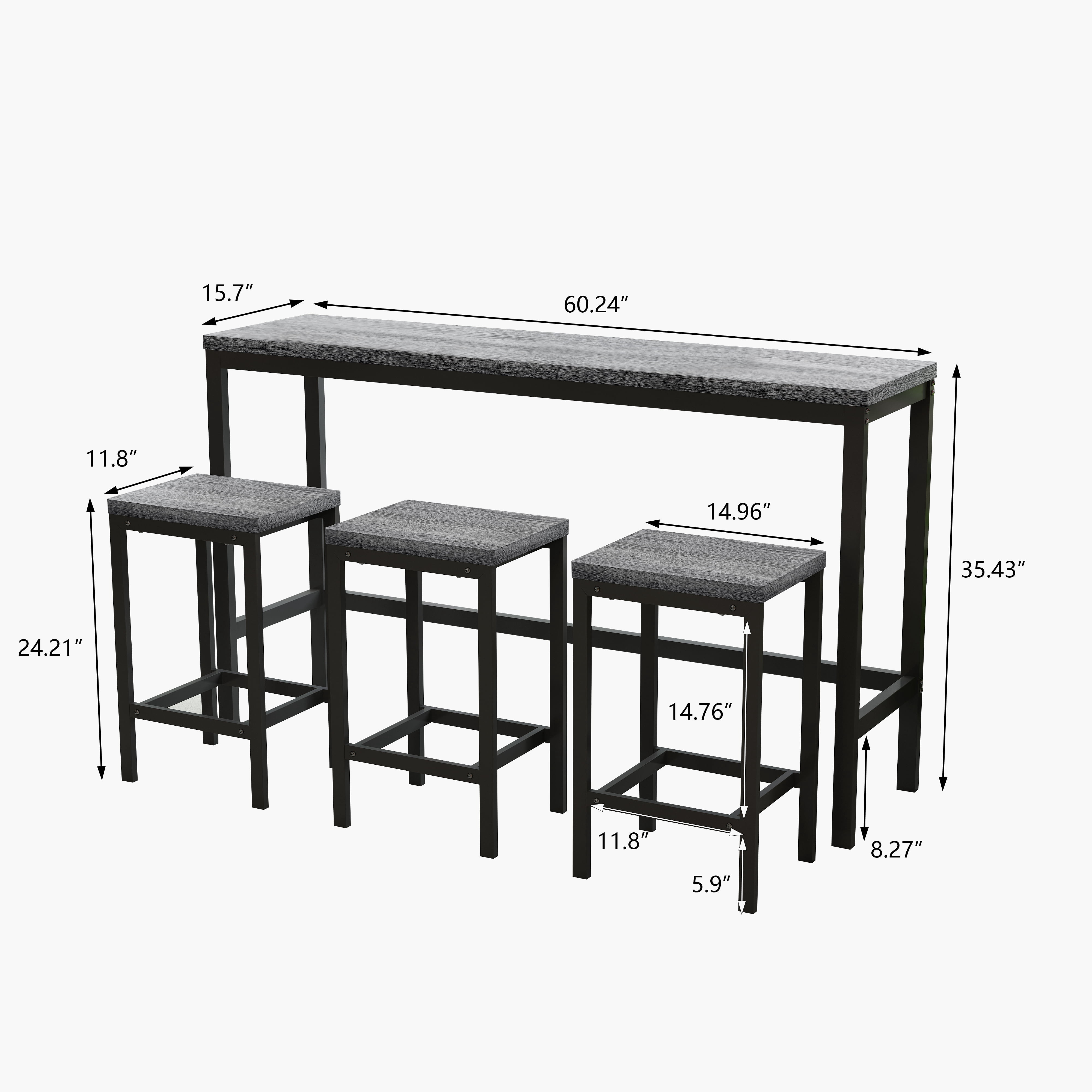 BSHTI 60.24" MDF Dining Room Table Set with Metal Frame, 3 Stools, Space-Saving Design for Kitchen Dining Room(Gray）