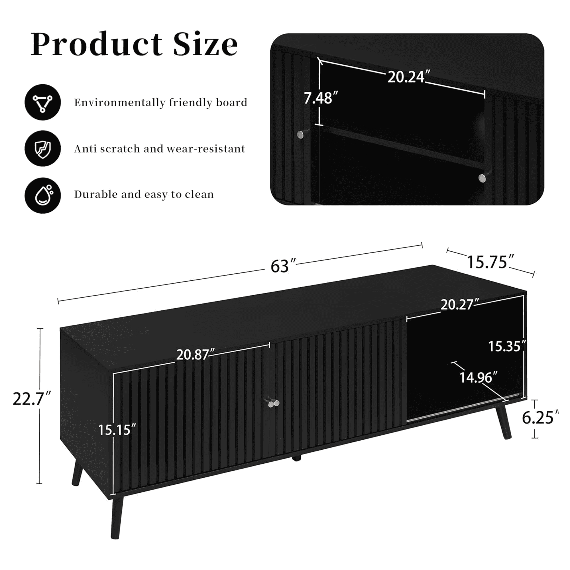 Oubayajia Mid-Century Modern 63" TV Stand for TVs up to 70”, Wood TV Console with Waveform Sliding Doors and Storage, Entertainment Center for Living Room Bedroom, Black