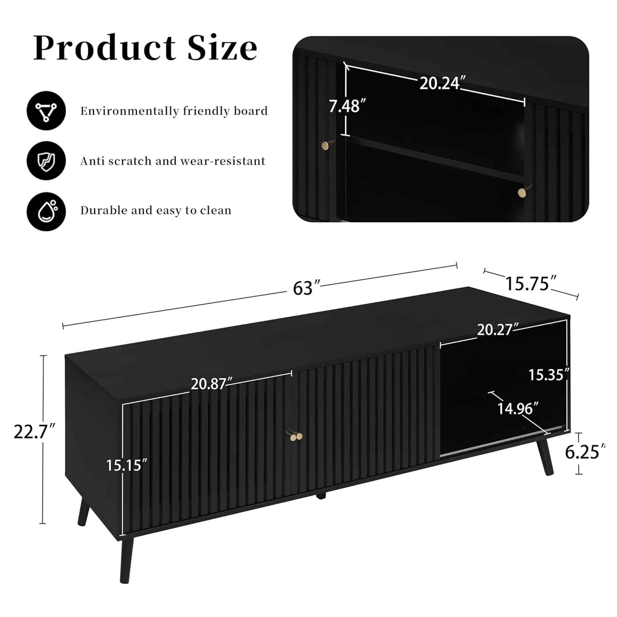 Oubayajia Mid-Century Modern 63" TV Stand with Sliding Doors, Black photo 2