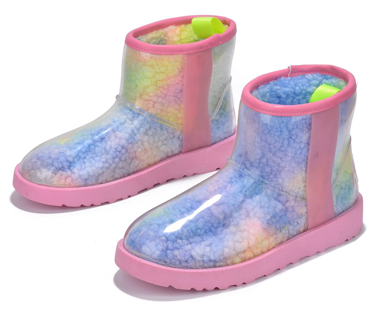 Cape Robbin Women Ankle Snow Rain Boots Flat Platform Warm Fur Clear Leather Lug Sole Waterproof Booties Slip On Round Toe BAYBERRY Multi Colored Rainbow Pinkish Colorful 10