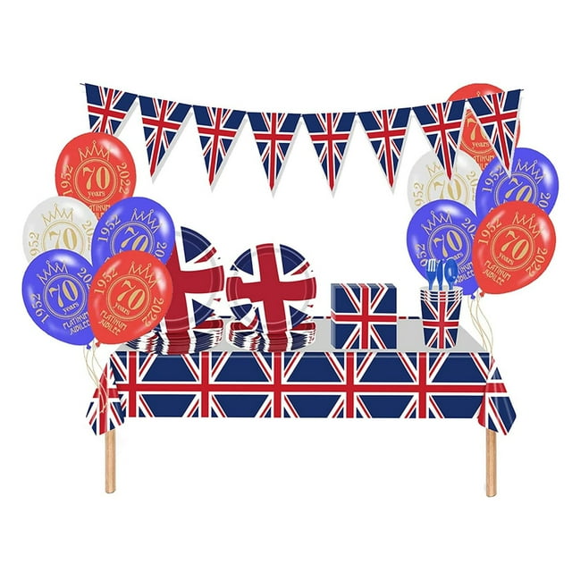 TIMIFIS Home Decor 126 Pcs Tableware SetTablecloth/Napkins/Cups/Paper Plates/Dinnerware Set/Bunting Flags, Queens Platinum_Jubilee Decorations Party Supplies For 16 Guests Office Decor