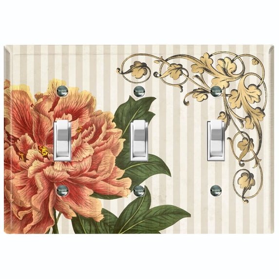 Metal Light Switch Plate Outlet Cover Orange Flower Beige Stripe Damask FLW063