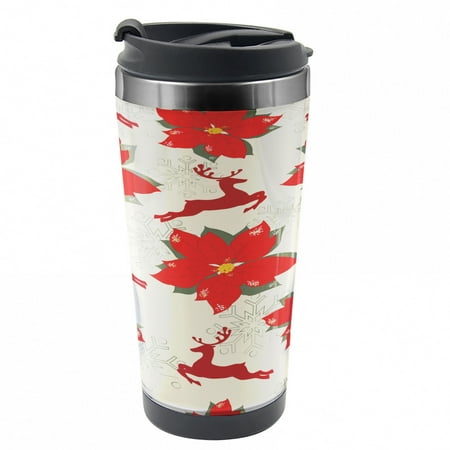 

Christmas Travel Mug Poinsettia Reindeer Steel Thermal Cup 16 oz by Ambesonne