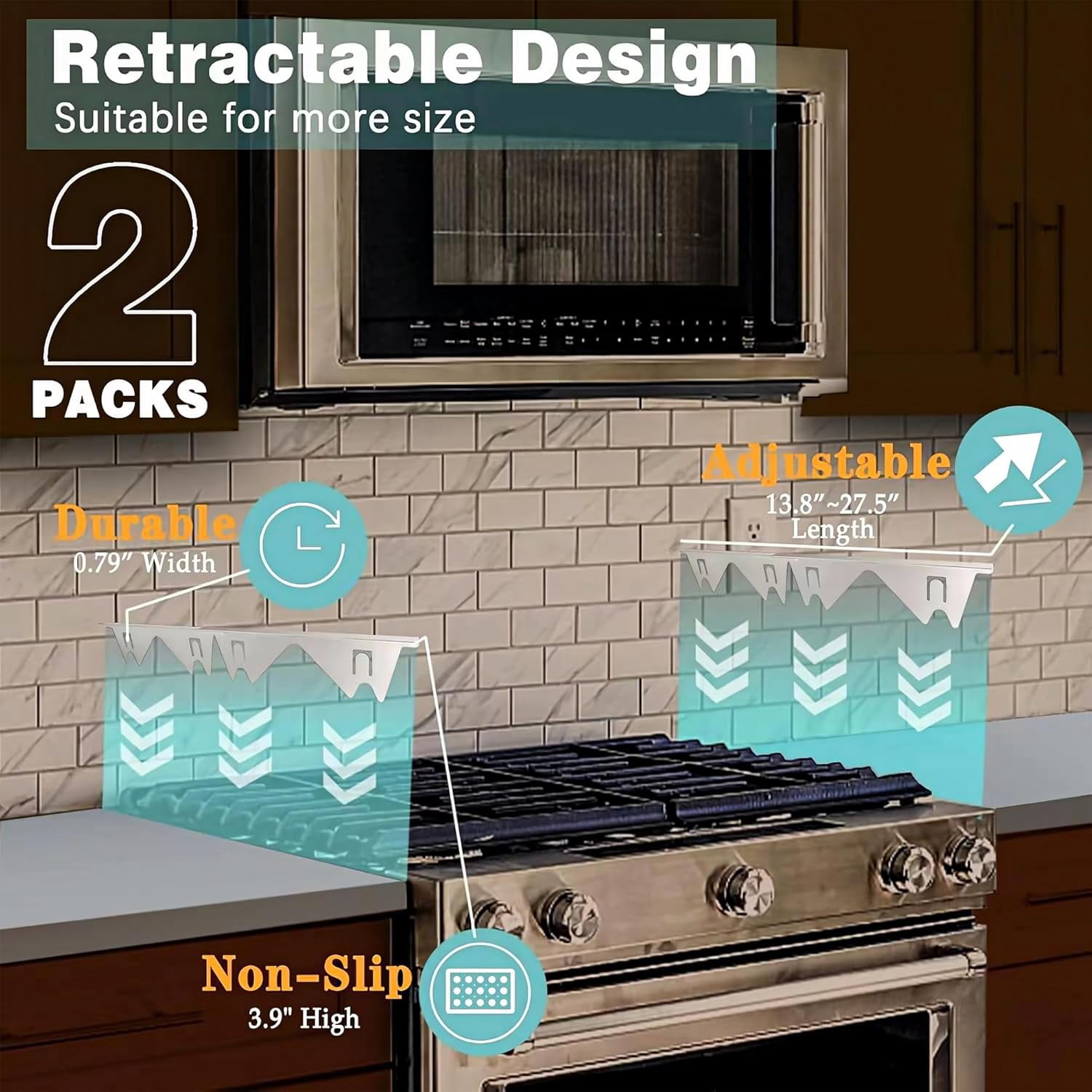 Extendable Stove Gap Covers Stainless Steel:Stove Gap Filler Prevent Food Debris from Entering the Gap,Stove Guard for Gas Stoves,Adjustable Length from 13.8 to 27.5 Inches,2Pcs (Black)