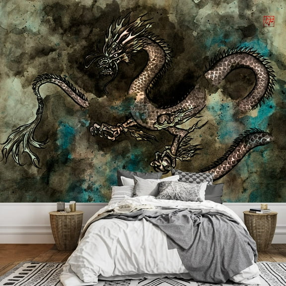 wall26 - Traditional Ink Painting of a Fierce Chinese Dragon - Removable Wall Mural | Self-Adhesive Large Wallpaper - 100x144 inches