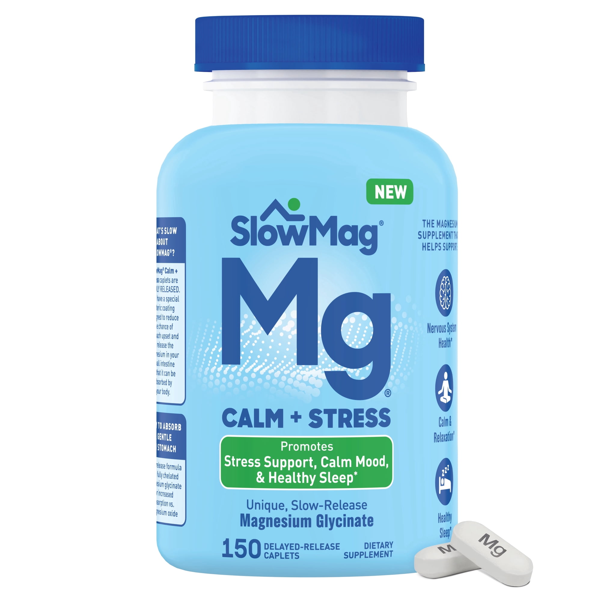 SlowMag Magnesium Glycinate Caplets, 150 Count, Slow-Release, Calm & Stress Support, Healthy Sleep, Gentle on Stomach, Magnesium Glycinate Supplements for Women & Men