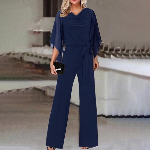 Blue Women's Casual Pants, Women's Jumpsuit Elegant Wedding Pant Suit Summer Long Jumpsuit Casual Pant Suit 3/4 Sleeve Solid Color Jumpsuit High Waist Jumpsuit Jumpsuit Holiday Party Jumpsuit