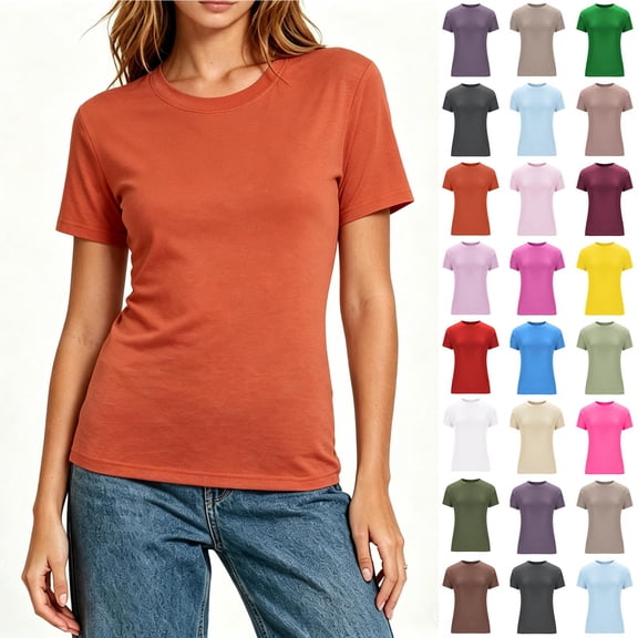 Women's Slim Fit Crew Neck Short Sleeve Basic T-Shirt, Women’s Summer Fitted Cropped Slim Top, Women's ,Size XS-XL