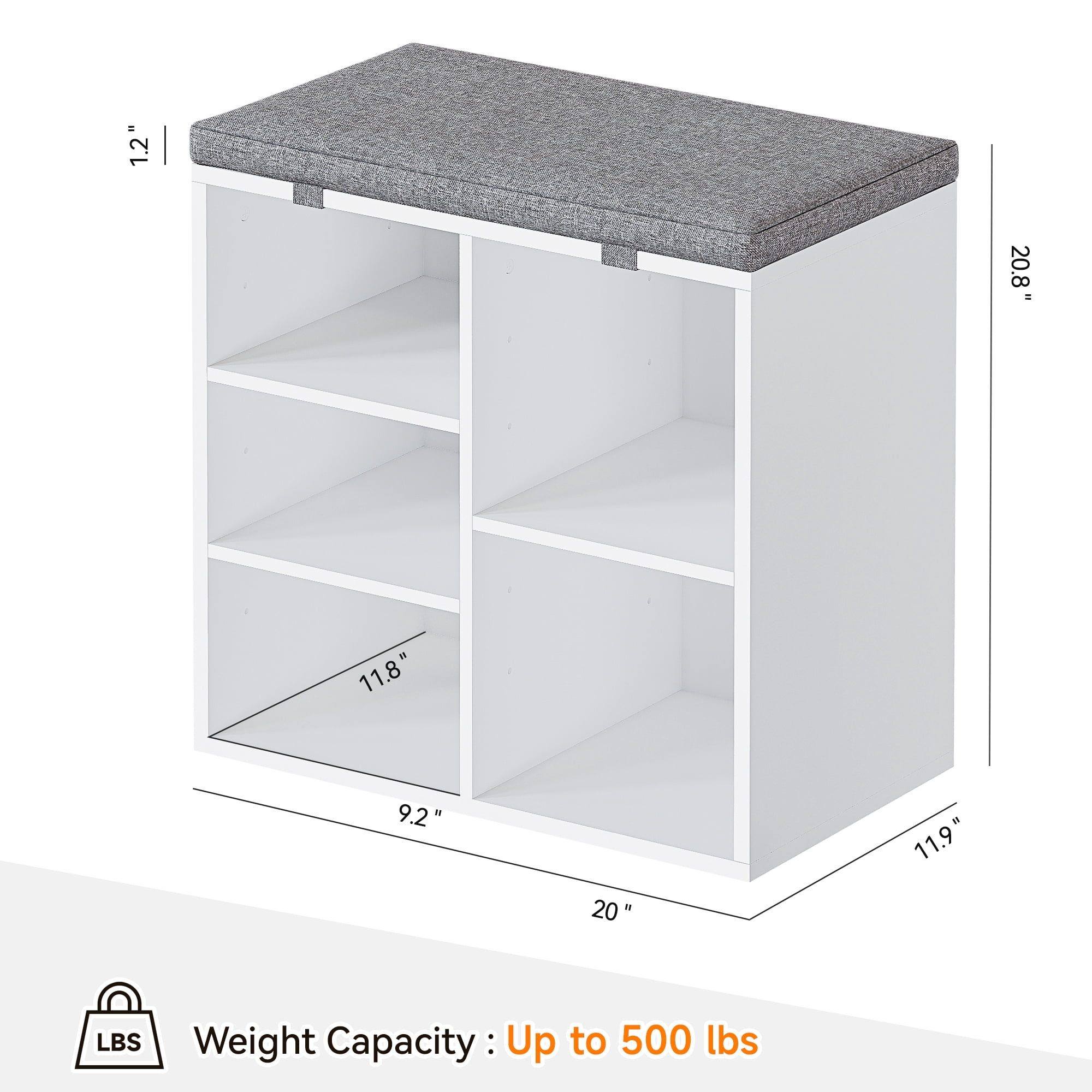 Accreate 20 Inch Shoe Storage Bench with Cushion and Side Pocket – 10 Cubbies Shoe Rack with Adjustable Shelves, White