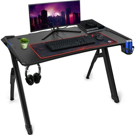 UPC: 0840133929157 | Deco Gear 47  LED Gaming Desk with Waterproof Carbon Fiber Surface  6-Color Lighting Accents  Cable Management  Headphone Hook  and Cup Holder  Included 31.5” Full Mouse Pad