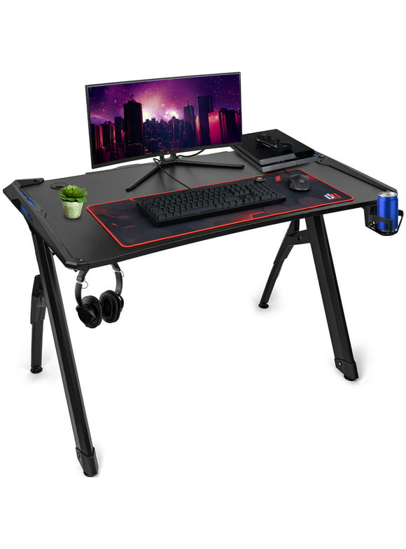 Deco Gear 47" LED Gaming Desk with Waterproof Carbon Fiber Surface, 6-Color Lighting Accents, Cable Management, Headphone Hook, and Cup Holder, Included 31.5 Full Mouse Pad