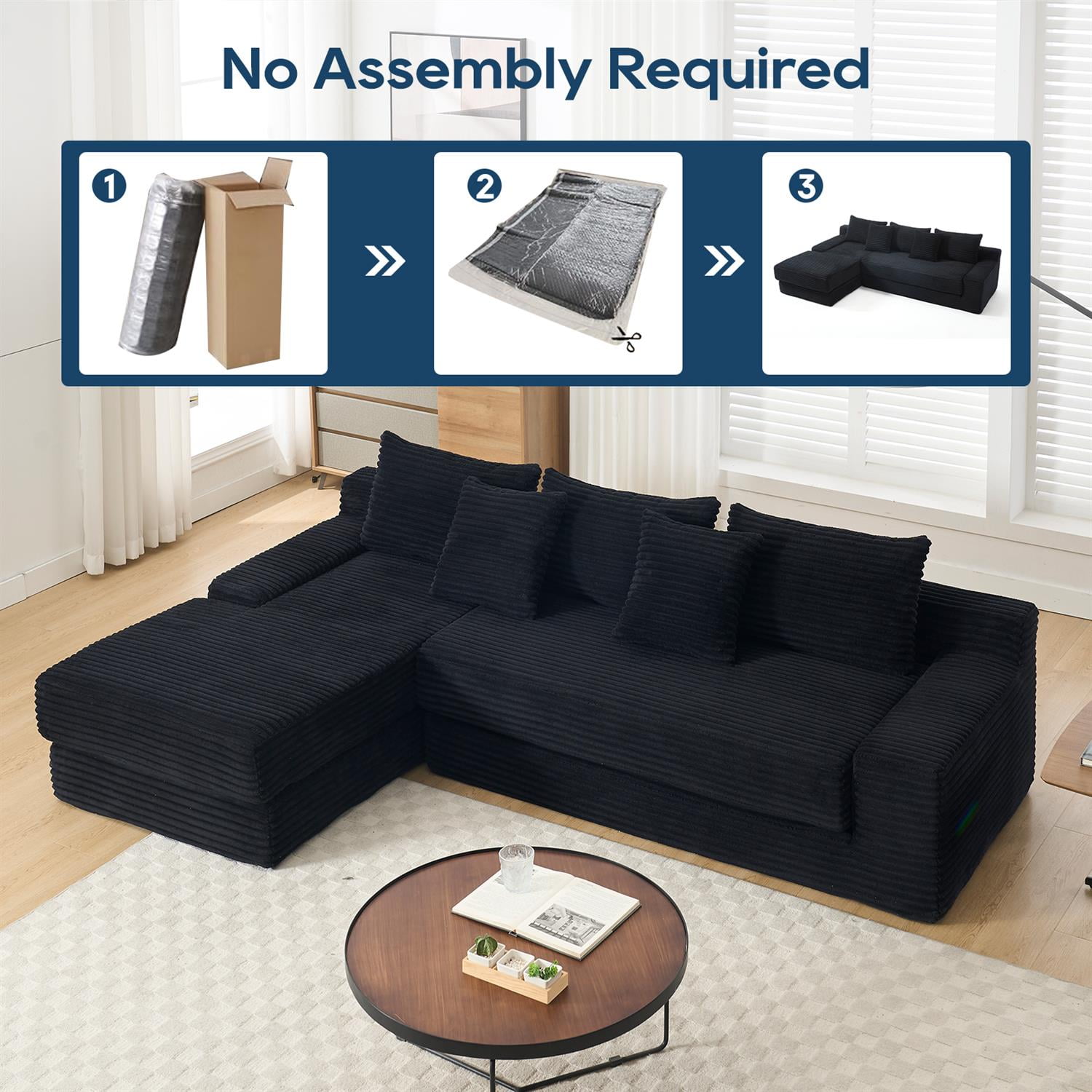 Demi Bonn 104" Convertible L-Shaped Sectional Sofa Bed with Memory Foam & Steel Frame, No Assembly Needed, Corduroy Fabric Modular Couch for Living Room, Black