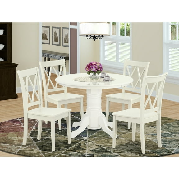 Dining Table Set for 4 - 5 Piece Round Kitchen Table with Chairs - Old World Charm - 42 Inch - Linen White