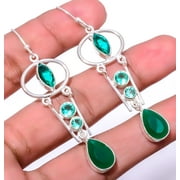 Emerald & Neon Blue Apatite (Simulated) 925 Sterling Silver Earring 2.65" T70