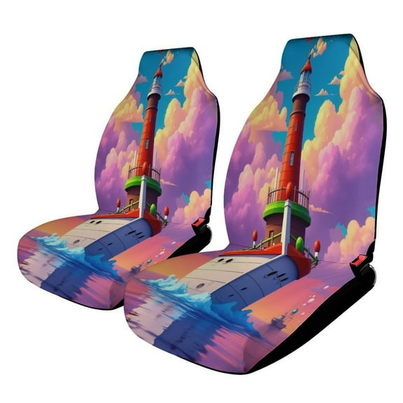 Lighthouse Ship at Sunset Set of 2Pcs Car Seat Covers Easy Clean Automobile Seat Protector Car Interior Accessories