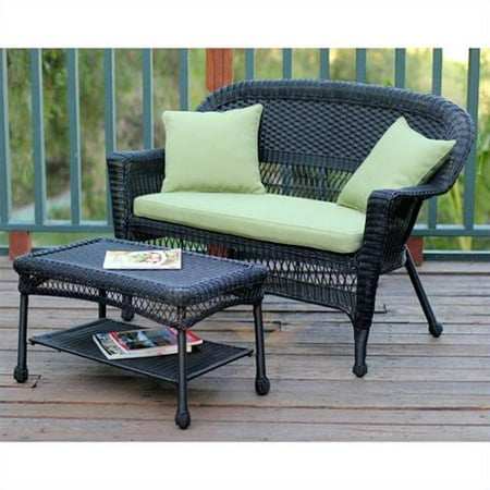 Jeco Wicker Patio Love Seat and Coffee Table Set in Black with Green Cushion