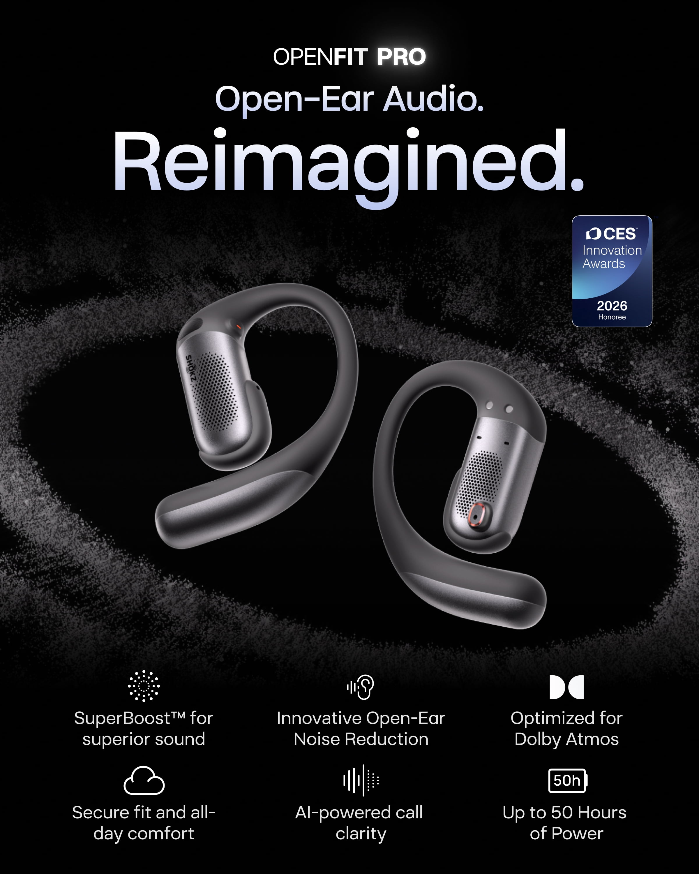 SHOKZ OpenFit Pro-Open-Ear True Wireless Bluetooth Headphones with Microphone,Earbuds with Earhooks,Sweat Resistant,Fast Charging,28HRS Playtime,Compatible with iPhone&Android,Black,Bluetooth5.3