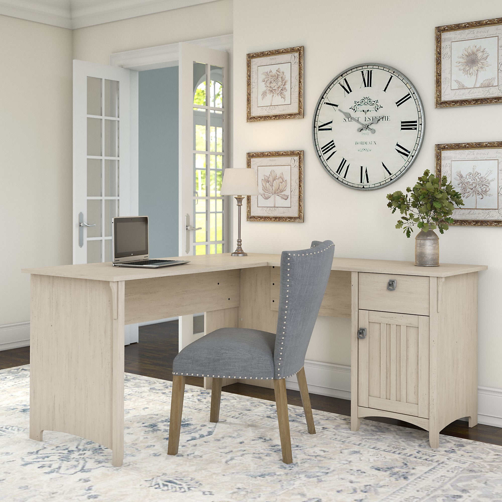 Bush Furniture Salinas 60" L Shaped Desk with Storage, Antique White