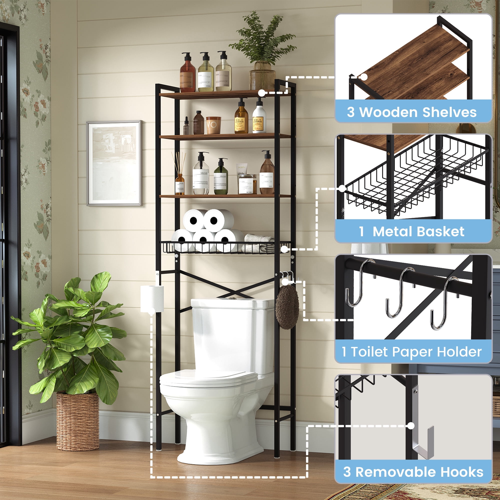 GARITIN Over The Toilet Storage Shelf, 4-Tier Bathroom Organizer with Hooks & Toilet Paper Holder, Over Toilet Storage Rack for Small Bathroom, Black