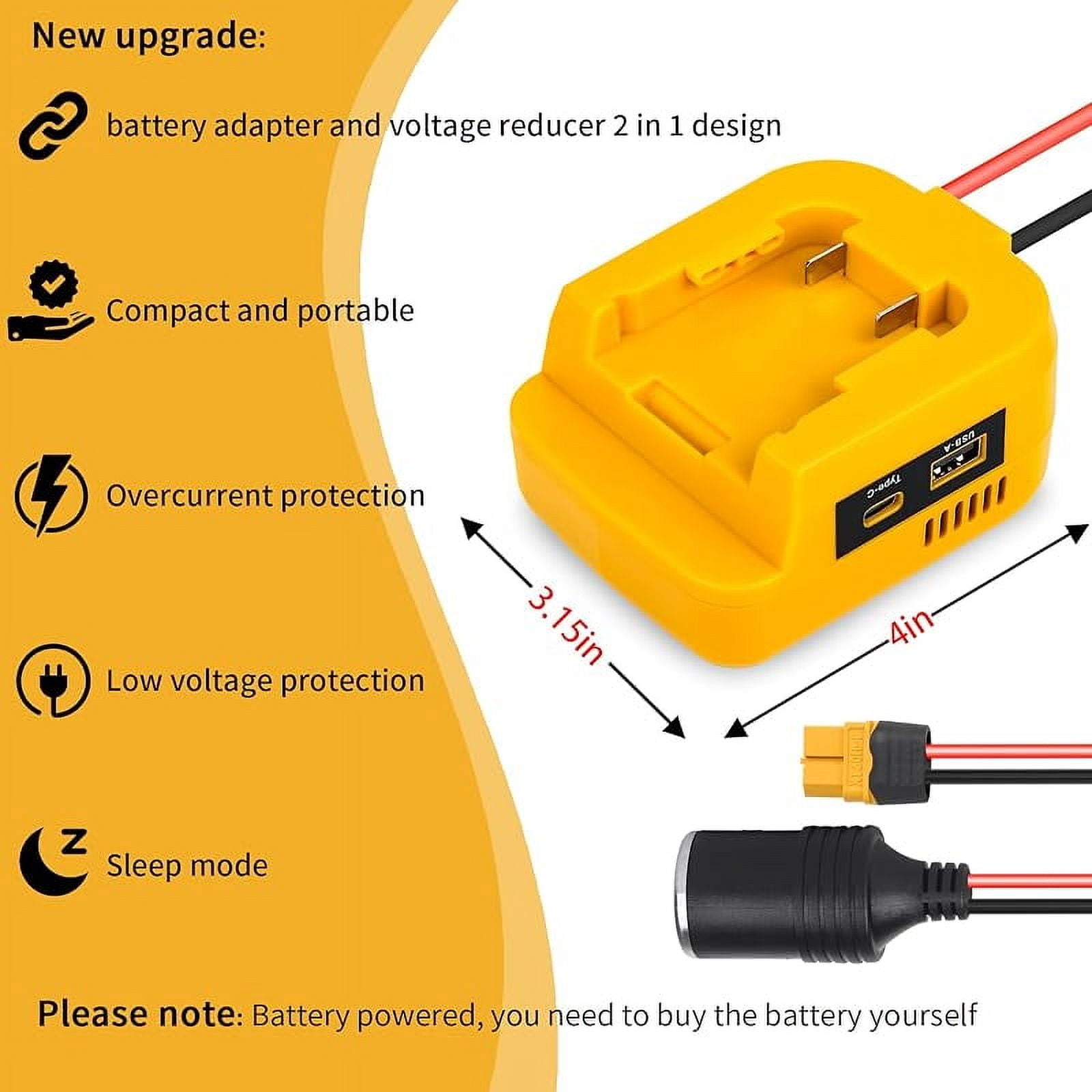 for Power Wheels Battery Adapter Compatible with Dewalt 20V Max Battery, 20V to 12V Step Down Power Converter with USB & Type C, XT60 Ports for RC Cars, DIY, Car Appliance (1 Pack)