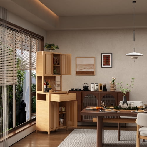 Nmkwnr Bamboo Floor Cabinet with 1 Open Shelf and 4 Inner Shelves, 4 Doors Storage Cabinet for Living Room, Kitchen, Bathroom, Brown