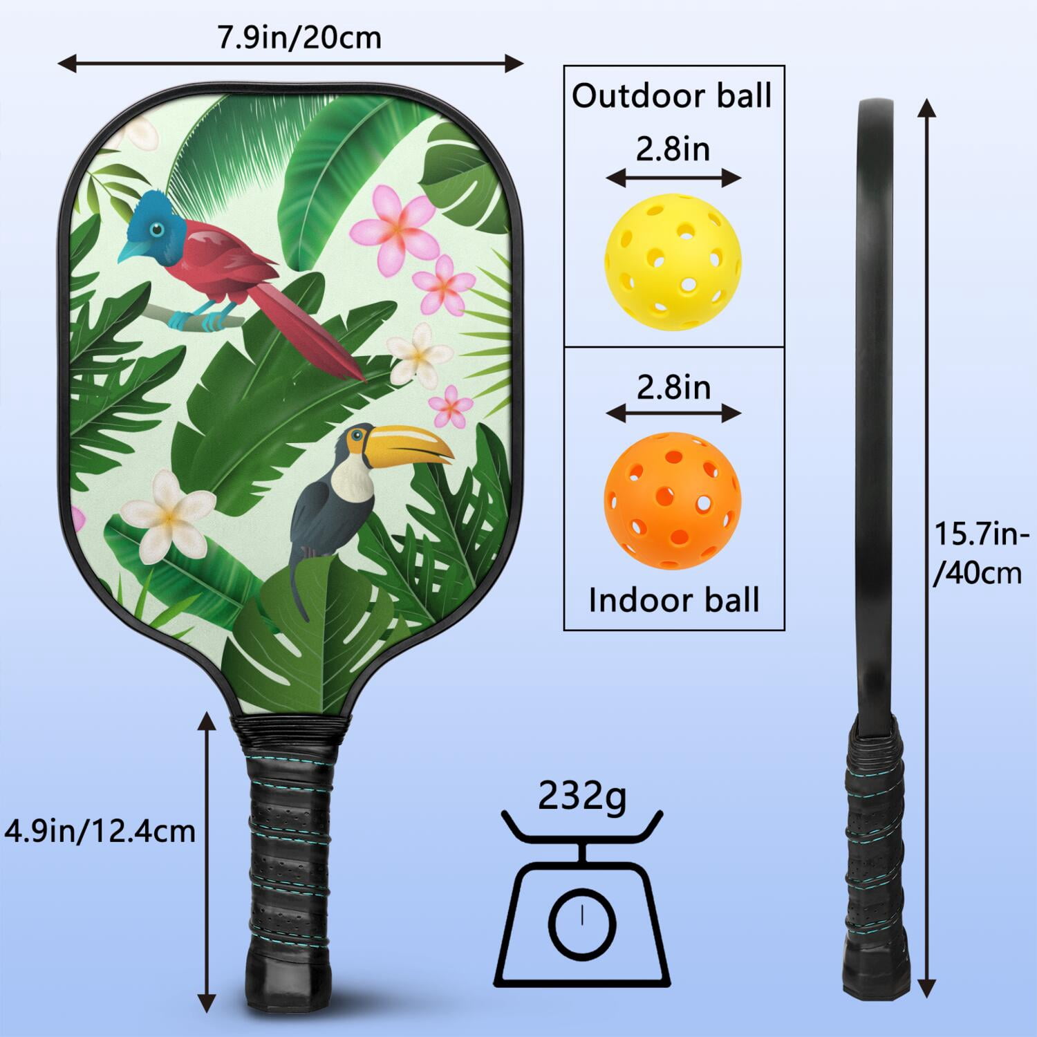 Pickleball Paddles Set Of 2, Fiberglass Surface, Tropical Jungle Print, 4 Balls & Bag