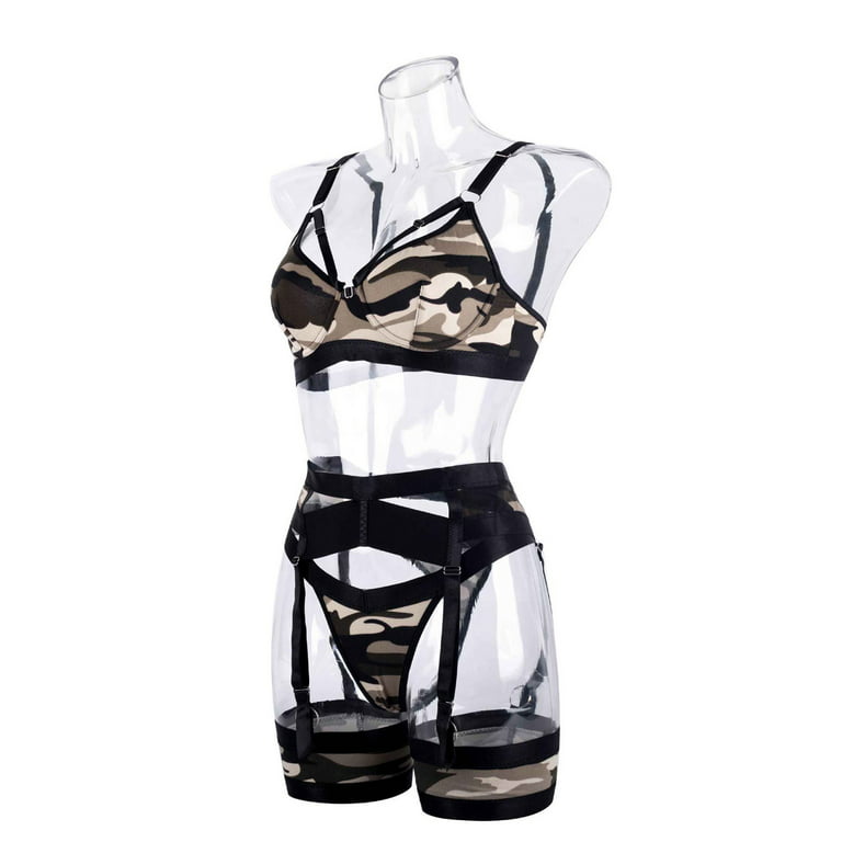 EHTMSAK Women's Lingerie Set Strappy Sexy Babydoll Camouflage with Garter  Bra and Panty Set 3 Piece Camouflage XL 