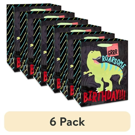 (6 pack) Multicolor Dinosaur Roarsome Birthday Paper Gift Bag 10 x 12 by Way To Celebrate