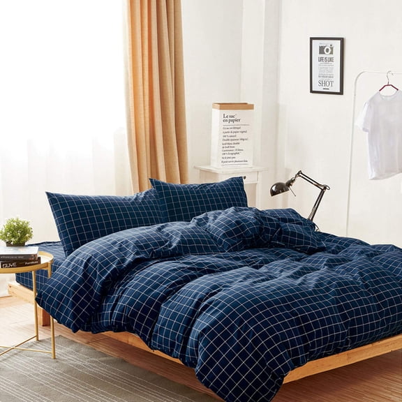 Navy Blue Full Grid Plaid Checkered Geometric Farmhouse Washed Textured Bedding Duvet Cover Set