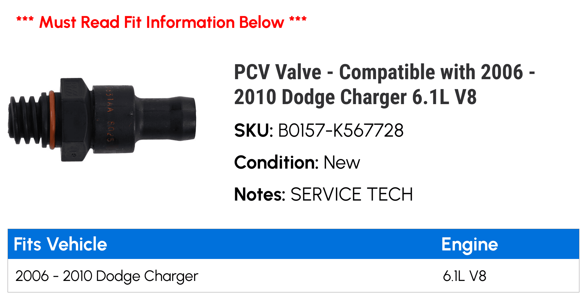 PCV Valve - Compatible with 2006 - 2010 Dodge Charger 6.1L V8 2007 2008 2009